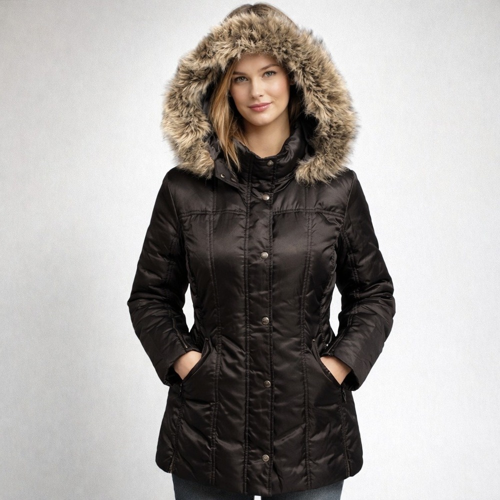 Guess Black Satin Down & Feather‎ Puffer Coat Medium Removable Hood